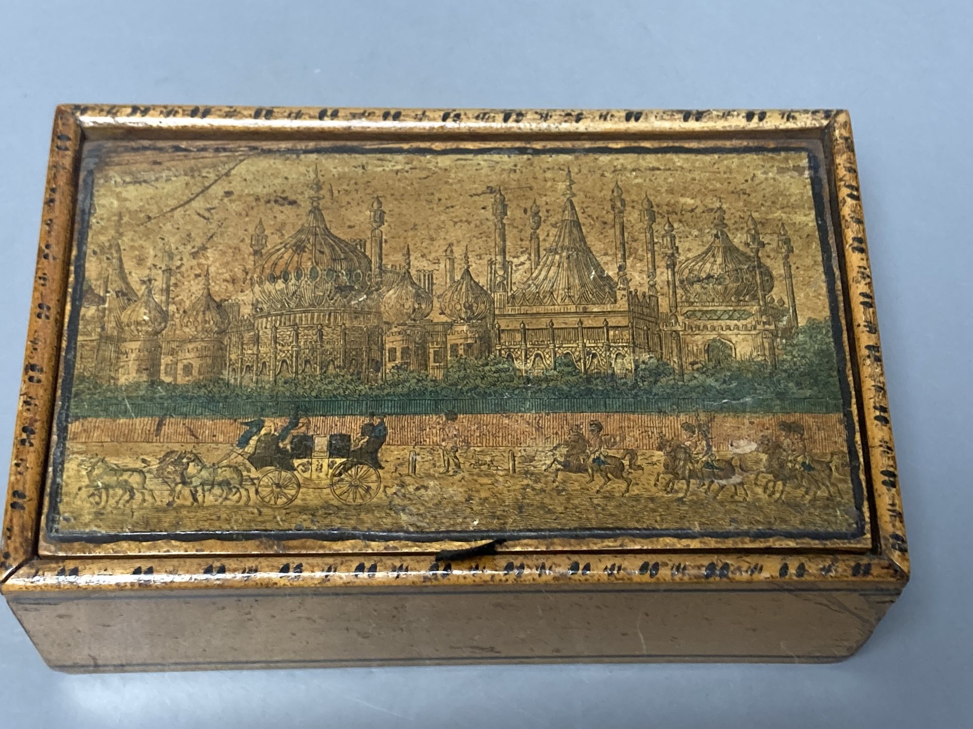 An early Tunbridge ware sycamore box with printed view of the East front of Brighton Pavilion, c.1810, 15cm